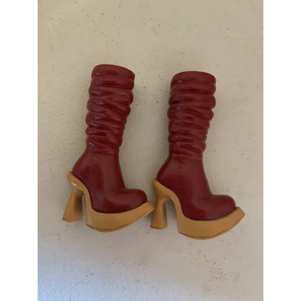 My Scene Barbie Doll High Heel Slouch Burgundy & Tan Boots Shoes